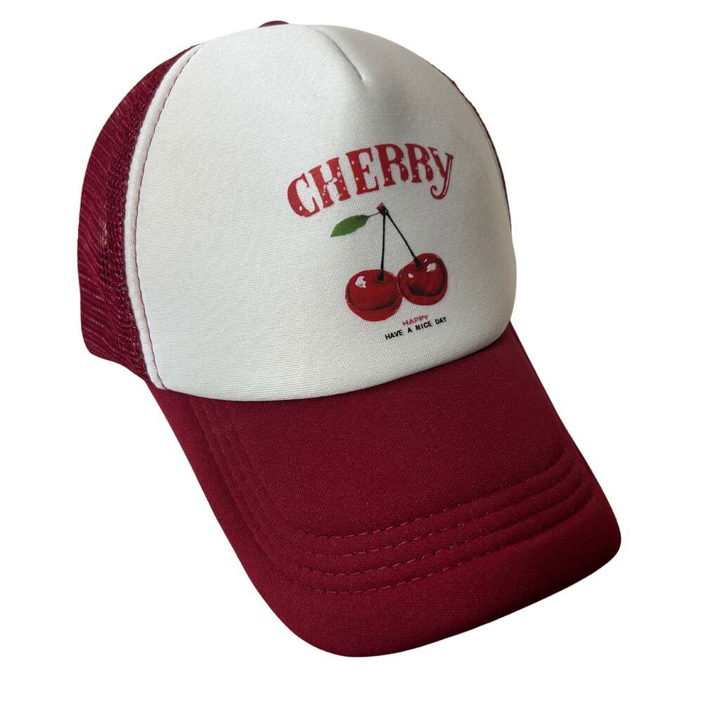 Cherry Print Happy Have A Nice Day Mesh Trucker Hat Maroon and White